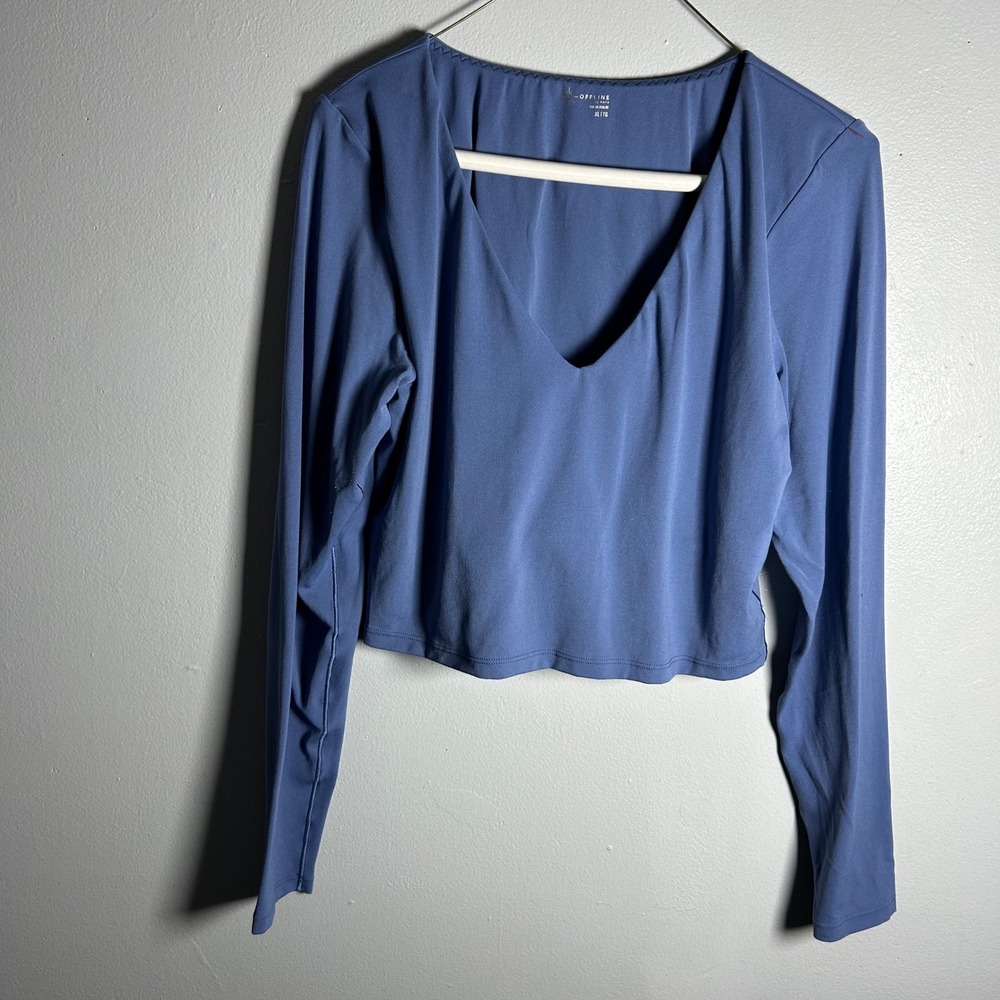 OFFLINE by Aerie Real Me Long Sleeve V-Neck‎ Crop Top Blue XL Built-in Bra